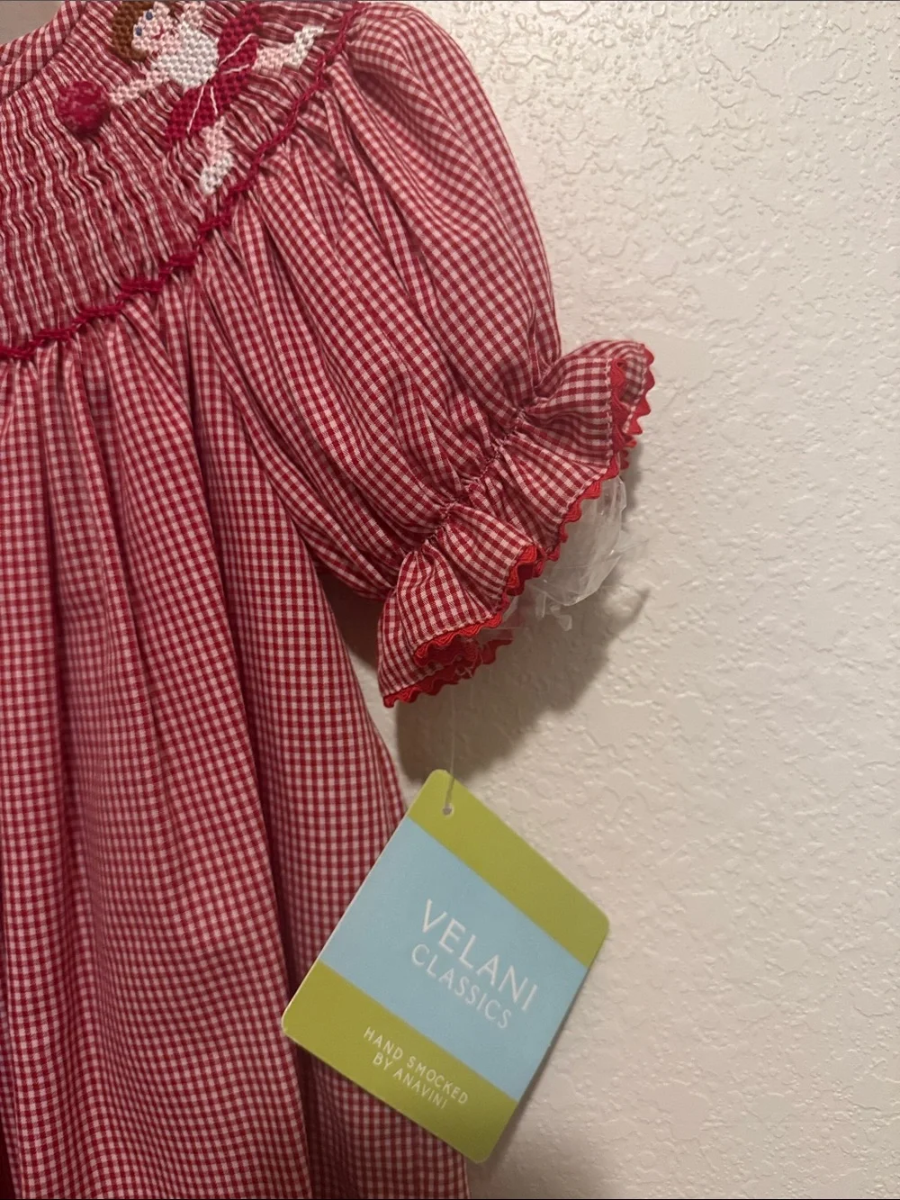 Red Gingham Smocked Girls' Dress with cheerleaders